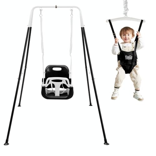 FUNLIO 2 in 1 Swing Set for Toddler & Baby Jumper, Heavy Duty Kids Swing & Bouncer with 4 Sandbags, Foldable Metal Stand for Indoor/Outdoor Play, Easy to Assemble and Store - Black