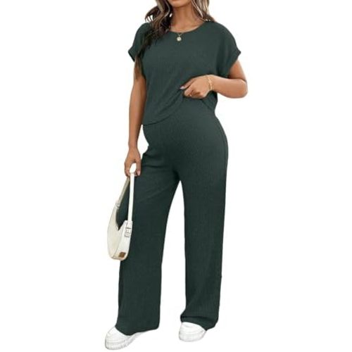 BLENCOT Maternity Clothes Ribbed Short Sleeve Maternity Pajamas Sets Sleepwear Lounge 2 Piece Matching Outfits Set