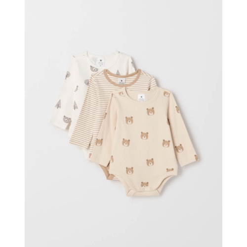 Baby Organic Cotton 3 Pack Long Sleeve Rib Bodysuit - Bears Cloud Dancer