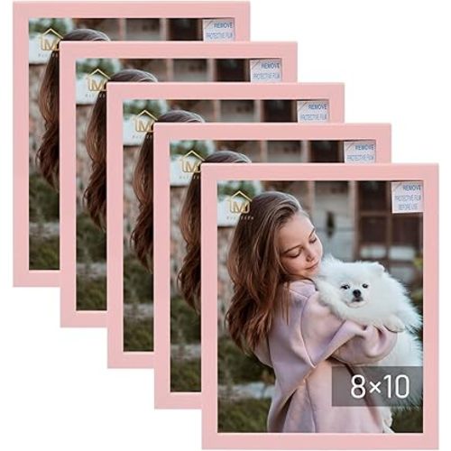 Muzilife 5 Pack 8x10” Picture Frames, Pink Picture Frames for Wall and Tabletop Display, Resistant Plastic Photo Picture Frame with Clear Plexiglass for Vertical or Horizontal Display