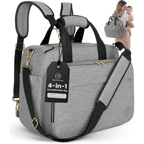 Mellories 4 in 1 Convertible Baby Diaper Bag – Converts from Tote to Backpack, Stroller & Crossbody Diaper Bag – Gray Baby Travel Bag – Gift for Moms