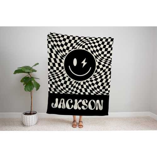 Custom Checkered Smiley Face Blanket: Personalized Name Gift