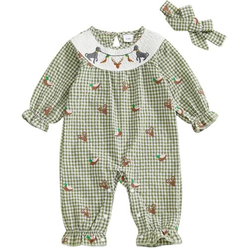 Baby Girl Hunting Outfit Mallard Duck Onesie Smocked Romper Long Sleeve Plaid Jumpsuit Headband Infant Fall Clothes
