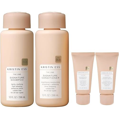 Kristin Ess Hair Signature Sulfate Free Full + Travel Size Shampoo and Conditioner Set for Moisture, Frizz + Shine - Color Safe, Vegan, Paraben Free - Clarifying, Hydrating Damage Repair for Women