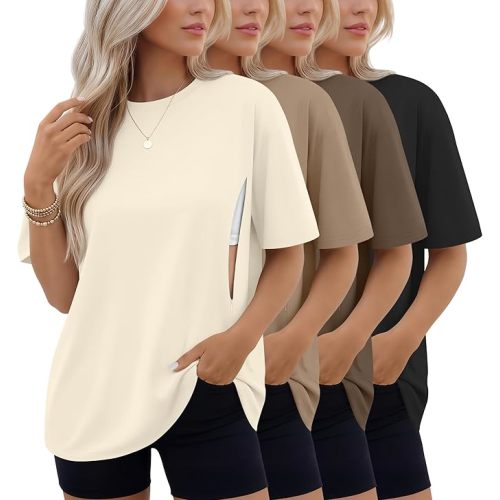 4 Pack Women's Oversized Nursing Breastfeeding Shirts with Hidden Zipper Maternity Short Sleeve Nursing Tees Tops