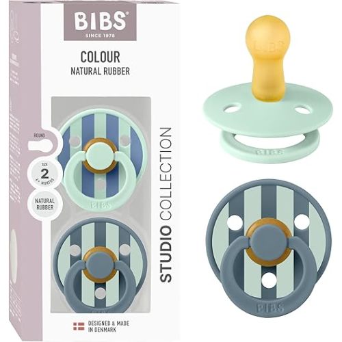 BIBS Pacifiers - Studio 2 Pack | Round Nipple Baby Pacifier | BPA Free Natural Rubber Latex Soother | Made in Denmark | Size 6+ Months | Block Nordic Mint Petrol