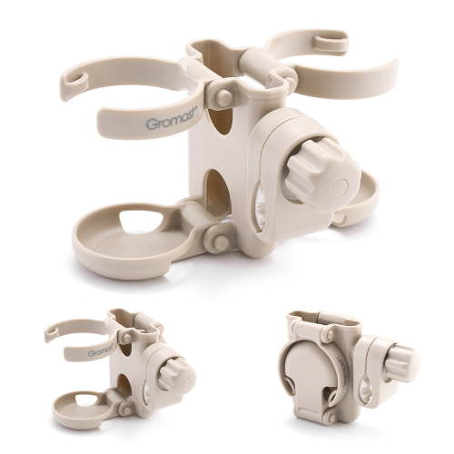 Gromast 3 in 1 Foldable Stroller Cup Holder with Phone Holder, 360° Rotatable Bottle Holder, Universal Cup Holder for Stroller, Wheelchair, Bike, Walker, Scooter, Tricycle - Khaki