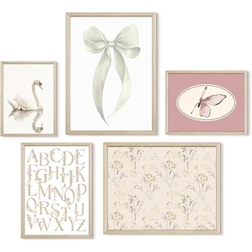 Girl Nursery Wall Art Vintage Canvas Wall Decor Baby Room Pictures Floral Swan Art Prints White Bow Poster Pink Butterfly Painting Vintage Nursery Artwork for Girls Room Bedroom 8x10x5 Inch Framed