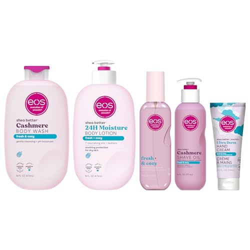 eos Fresh & Cozy Body Care Set - Body Lotion, Body Wash, Body Mist, Shave Oil, Hand Cream, 4-Piece Fragrance Layering Routine Bundle