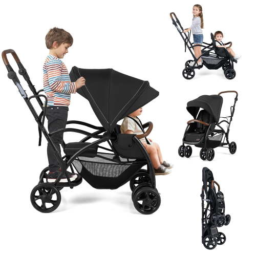 INFANS Double Stroller with Leather Handle, Front Seat 2-Position Recline, Rear Standing Board, 5-Point Harnesses, Dual Rear Brakes and Lockable Front Wheels, Baby Pushchair for Toddlers