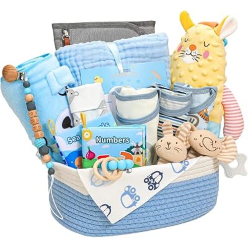 Baby Boy Gifts,Baby Shower Gifts for Boys,Large Baby Boy Gift Basket Set with Swaddle Rattle Toys,Essential Stuff,Gender Reveal Gifts for New Parents