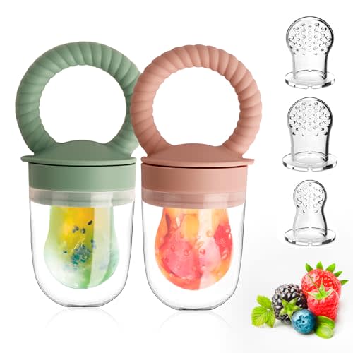 HAOBAOBEI Baby Solids/Frozen Fruit Feeder Pacifier, Infant Teether Toy 4M+, BPA-Free Silicone Pouch & Nipple, Safely Introduce Solids, Teething Relief, 2-Pack (Ring - Green Pink)