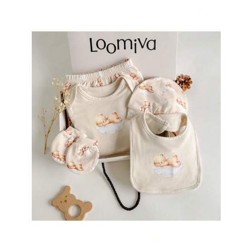 Loomiva Newborn Baby 5-Piece Set: Cartoon Bear Print Knit Soft Crew Neck Romper, Elastic Waist Pants, Bib, Mittens, And Hat | SHEIN USA