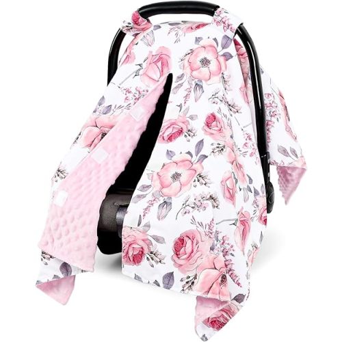 SWESEN Car Seat Cover Baby for Girls, Peekaboo Opening Carseat Covers Baby, Universal Car Seat Canopy Cover & Nursing Cover, 360° Full Coverage Sun & Wind Protector, Floral