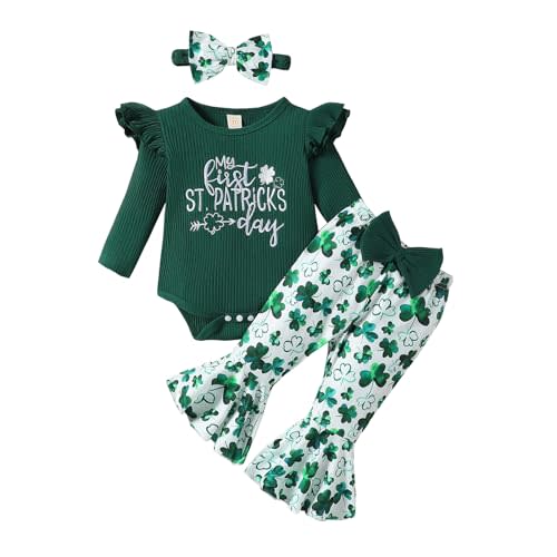 Noubeau My First Valentines Outfits Newborn Baby Girl Outfits Long Sleeve Ribbed Romper Heart Flare Pant Headband 3Pcs