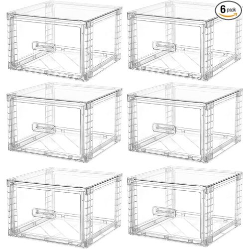Vtopmart 6 Pack Clear Stackable Storage Bins, Easily Assemble Bathroom Organizers,Plastic Storage Bins for Kitchen Pantry,Under Sink Organization(Medium)