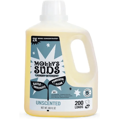 Molly's Suds Liquid Laundry Detergent | Clean Laundry Detergent Soap for Sensitive Skin | 2x Concentrated, High Efficiency (HE) (Unscented - 200 Loads)
