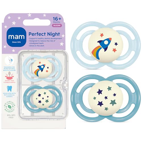 MAM Perfect Baby Premium Pacifier 16+ Months, Extra Thin Nipple, 2 Pack | Developed With Medical Experts, Glows in The Dark, Curved Shield, BPA-Free Silicone, With Sterilizer Case, Made In Europe