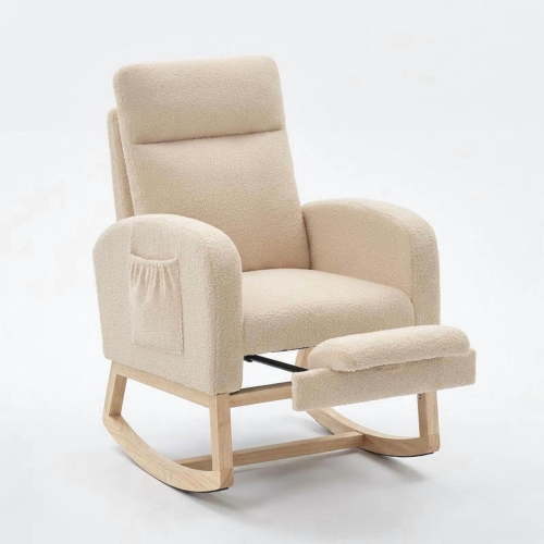 TROPOW Nursing Rocking Chair with Footrest, Glider Rocker with High Back Upholstered Seat and Solid Wood Base for Mom, Comfortable Rocking Lounge Chair for Living Room, Bedroom Relaxing