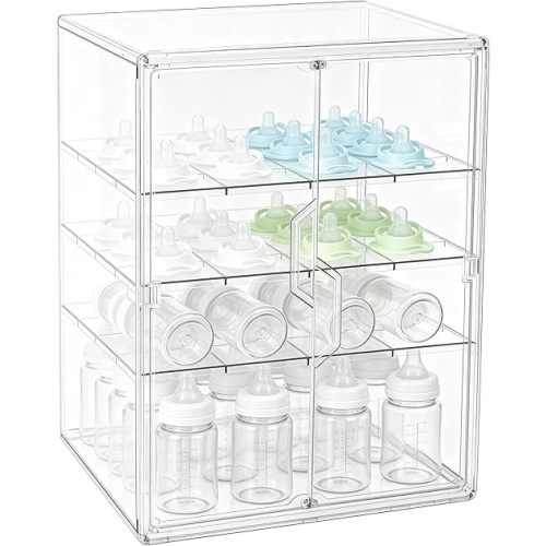 ERTIUANIO Baby Bottle Organizer – 4 Tier Bottle Storage Organizer Baby with Double Magnetic Doors for Nipples, Pump Parts, Food Jars – Clear Nursery Cabinet for Countertop Kitchen
