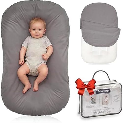 Baby Lounger for Newborn - Snuggle Cozy Me Lounger | Breathable Soft Cotton, 0-24 Months Portable Playtime Baby Nest, Newborn Baby Essentials Gifts- Grey (1 Lounger + 1 Cover)