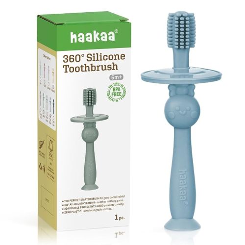 haakaa 360° Baby Toothbrush with Suction Base - Gentle Cleaning for Infant Self-Brushing Training, Food-Grade Silicone, Adjustable Safety Shield - Pea Green (1 Piece)