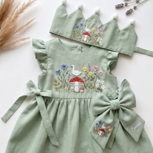 Hand Embroidered Silly Goose Mushroom Dress, Soft Linen Baby Girl Dress, Wildflower Toddler Outfit, Baby Girl Keepsake, 1st Birthday Outfit