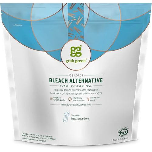 Grab Green Bleach Alternative Pods, 132 Count, Chlorine Free, Fragrance Free, Plant and Mineral Based, Laundry Booster to Brighten Whites, Removes Stains, Neutralizes Odors
