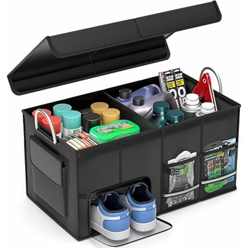Car Trunk Organizer for SUV 50L Car Caddy Golf Trunk Organizer with Lid Collapsible Truck Storage Bin Large Compartment Car Grocery Organizer with 4 Pockets Handle Shoe Organizer Cargo Van Jeep Sedan