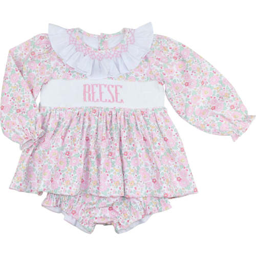 Pink Floral Corduroy Custom Smocked Diaper Set