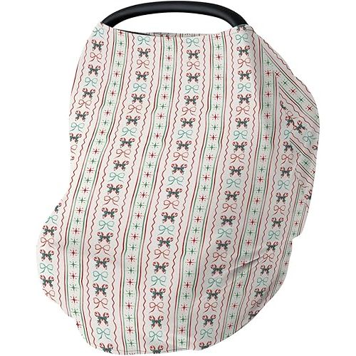 Red and Green Christmas Candy Stripes Bows Car Seat Cover for Babies Winter Christmas Stretchy 5-in-1 Cover Adjustable Car Canopy Breastfeeding Cover Festive Holiday Breathable Nursing Cover-Up