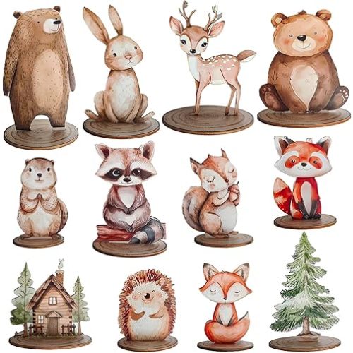 12Pcs Woodland Animal Figurines and Wooden Table Signs Enchanted Forest Decor Rustic Tiered Tray Centerpieces for Baby Shower Birthday Camp Party Supplies Cake and Tabletop Decoration (Forest Animal)