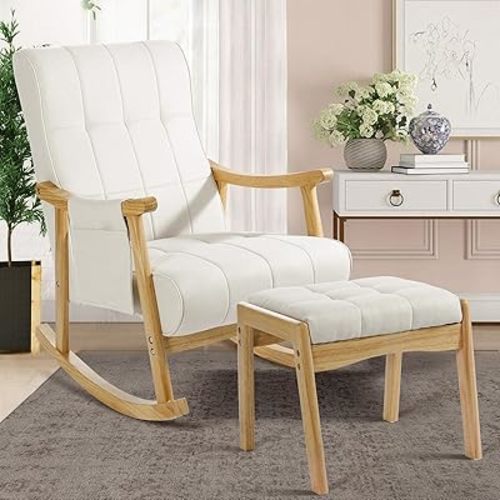 NOBLEMOOD Upholstered Rocking Chair with Ottoman, Modern Indoor Nursery Glider Rocker Chair, Solid Wood High Back Armchair with Fabric Padded Seat for Living Room Bedroom