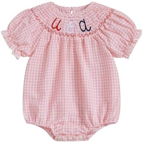 FIOMVA Toddler Baby Girl Clothes Summer Smocked Bubble Romper Embroidery Onesie Short Sleeve Bodysuit Cute Outfits