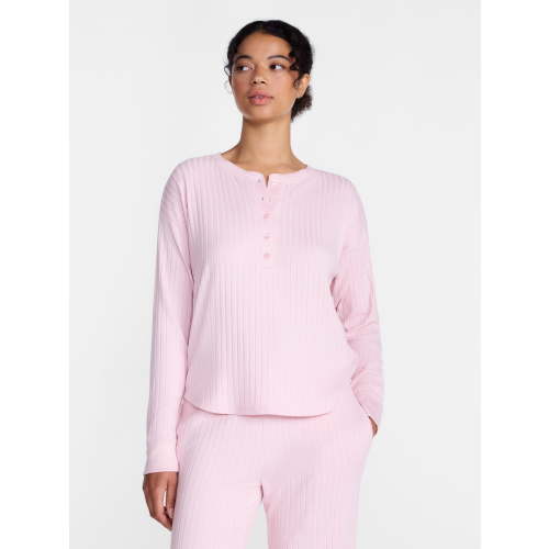 Joyspun Women's Cozy Lounge Collection Hacci Long Sleeve Henley Sleep Top, Sizes XS to 3X