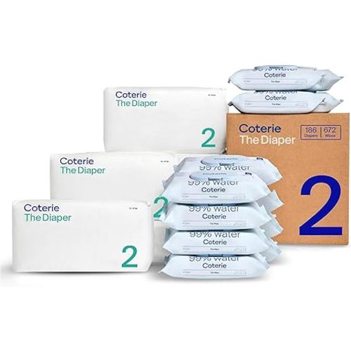 Coterie Baby Wipes + Diapers Kit, Size 1 (99 Count) & Size 2 Diapers (186 Count), 4 Pack (224) Baby Wipes with 99% Water, Plant Based Materials, Hypoallergenic for Sensitive Skin