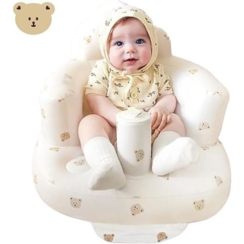 Inflatable Baby Seat - Infant Safety Support, Blow Up Baby Floor Seat with Built in Air Pump- Perfect for Travel, Beach, Camping - Ideal for Babies 3 Months and Up (Bear Cub)