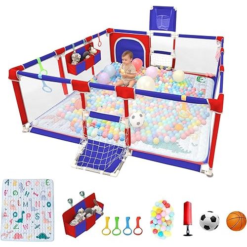 Playpen for Babies and Toddlers,73"x71"Baby Playpen with Mat Indoor＆Outdoor with Breathable Play Pen with Ocean Balls Hanging Pocket Basketball Hoop and Football Goal (Blue+Red with Mat, 73"x71")