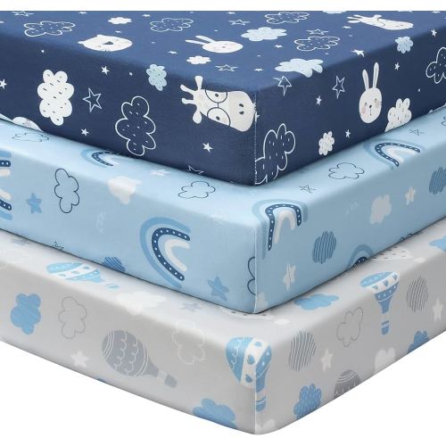 Baby Mini Crib Sheets Boy, Portable 38”x26” Pack and Play Sheets Fitted for Playard and Pack N Play Mattress, 3-Pack Soft Microfiber Blue Cloud Animals