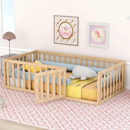 Bellemave Twin Floor Bed with Fence and Door, Kids Montessori Floor Beds Without Slats, Cute Montessori Bed for Kids, Girls, Boys, Wodd Floor Bed(Natural Twin)