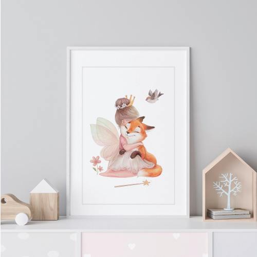 Poster Fee mit Fuchs | Poster Kindergarten | Fee, Fuchs und Vogel | Mädchen Kinderzimmer Dekor