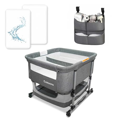Twin Bassinet for 2 Babies with 2-Pack Waterproof Sheets and Hanging Diaper Organizer, Bedside Double Bassinet for Twins, Rocking Bassinet for Baby with Storage Basket, Includes Mattress