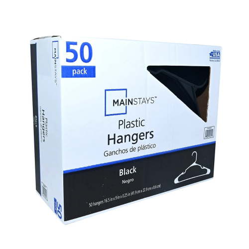 Mainstays Plastic Notched Adult Hangers for Any Clothing Type, Rich Black 50 Count