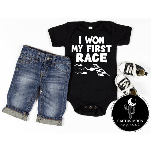 I Won My First Race Baby Bodysuit, Dirt Bike Motocross BMX Moto Kid Sprint Car Drag Race Day Birth Announcement