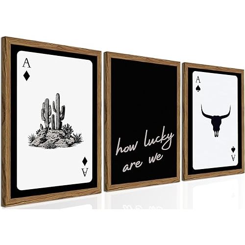 Western Wall Art Set of 3, Southwestern Cowboy Playing Card Wall Decor, Longhorn Bull Skull and How Lucky are We Poster Canvas Painting Prints for Bedroom Living Room 12x16 inch Wood Framed