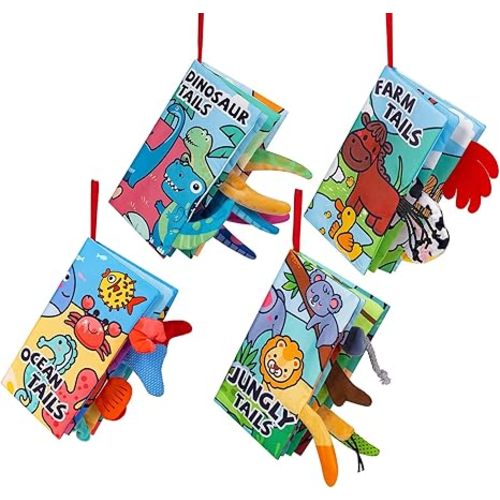 4-Pack Baby Crinkle Books for Babies 0-6 Months, Soft Cloth Touch and Feel Sensory Books 6-12 Months, Infant Toys with Tails & Squeaker, Tummy Time Toy for Newborn, Set - Blue