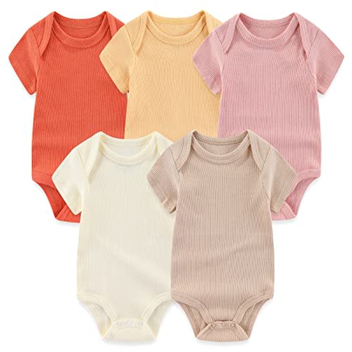 MAMIMAKA Newborn Baby Short Sleeve Bodysuit Cotton One-Piece Baby Clothes 5-Pack, 0-12 Months