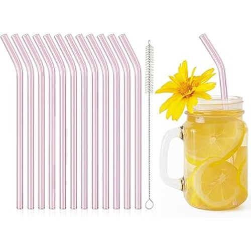 12 Pcs Reusable Bent Glass Drinking Straws,8"x 8 mm Light Pink Short Glass Drinking Straws with Cleaning Brush,Shatter Resistant for Tea, Smoothies, Milkshakes, Juices,Beverages(Light Pink)