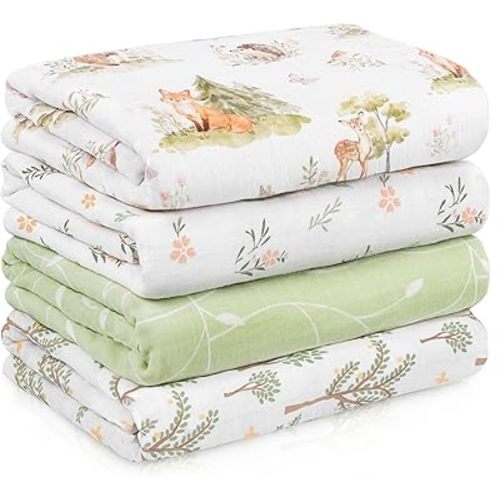 Muslin Swaddle Blankets for Newborn, 4 Pack Cotton Baby Blankets Neutral, Large 31.5 x 43.3 Breathable Soft Receiving Blanket, Essentials Swaddle Wrap Burping Clothes, Green Jungle Animal