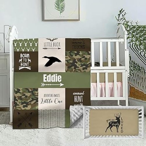 Personalized Crib Bedding Set for Boys, Custom Baby Crib Sets with Name, Hunting Theme Nursery Bedding, 2 Piece Baby Crib Sets, Deer Baby Plaid Woodland Comforter, Crib Fitted Sheet for Baby Boy
